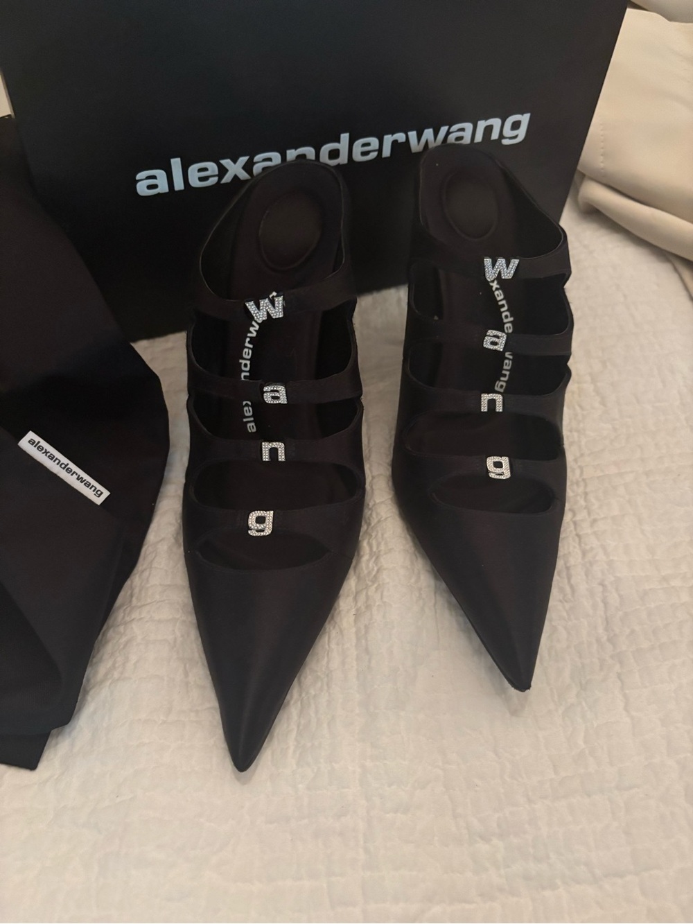 Alexander Wang Black Pointed-Strap Logo Embellished Heels